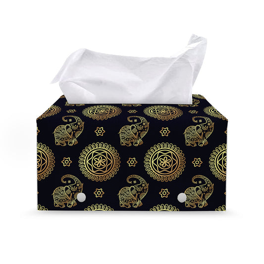 Blue And Gold Tribal Elephant Print Leather Tissue Box Cover