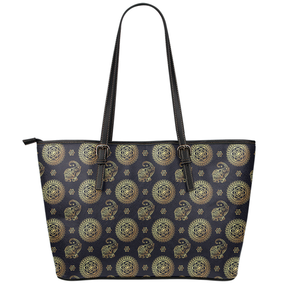 Blue And Gold Tribal Elephant Print Leather Tote Bag