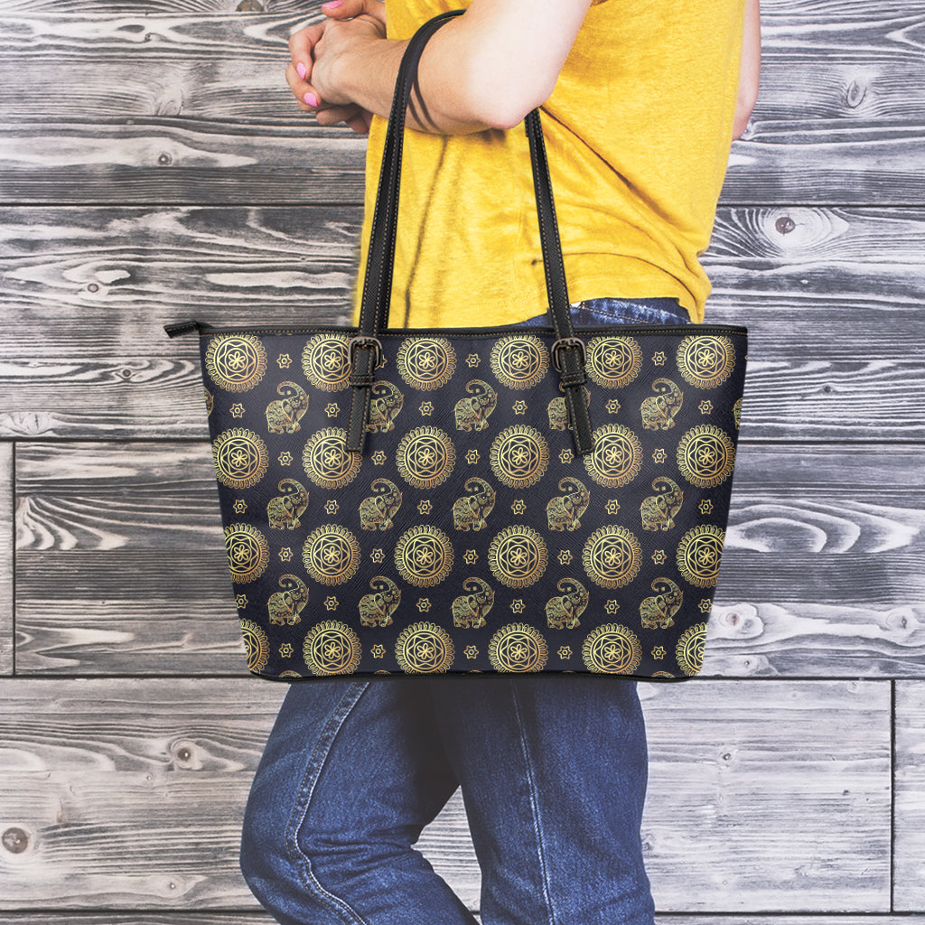 Blue And Gold Tribal Elephant Print Leather Tote Bag