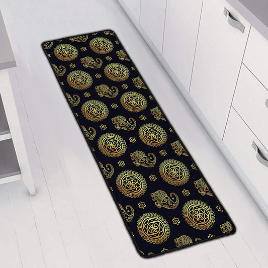 Blue And Gold Tribal Elephant Print Long Kitchen Mat
