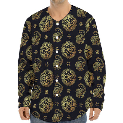 Blue And Gold Tribal Elephant Print Long Sleeve Baseball Jersey