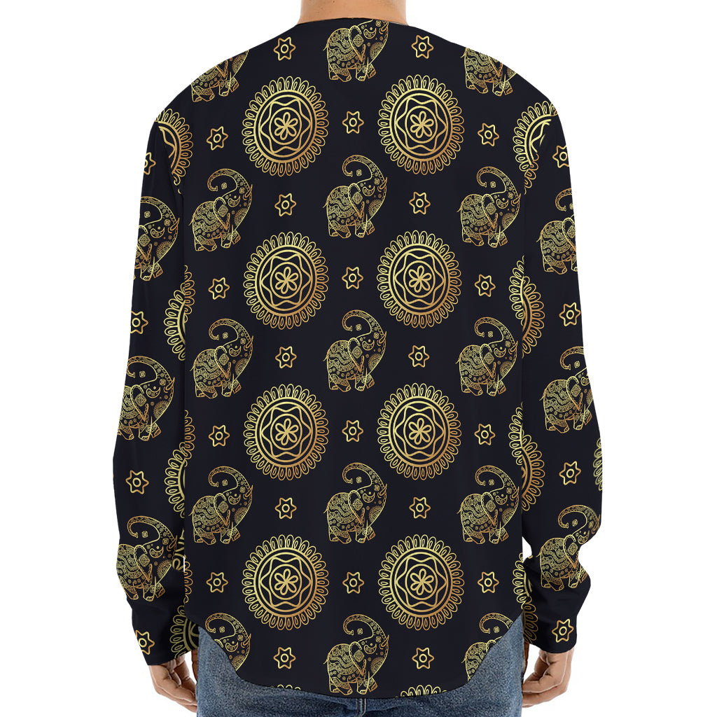 Blue And Gold Tribal Elephant Print Long Sleeve Baseball Jersey