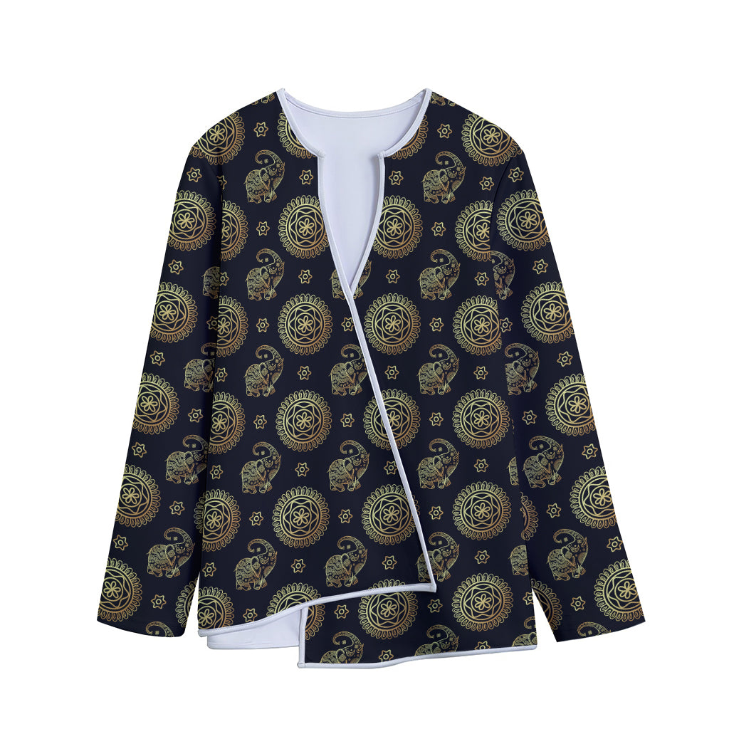 Blue And Gold Tribal Elephant Print Long Sleeve Short Coat