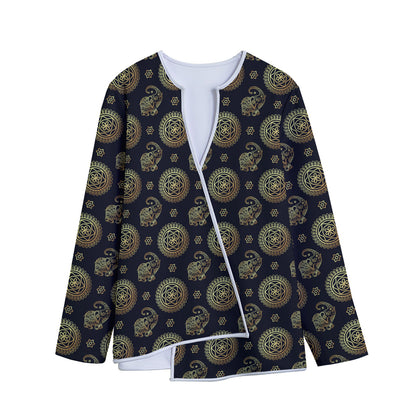 Blue And Gold Tribal Elephant Print Long Sleeve Short Coat