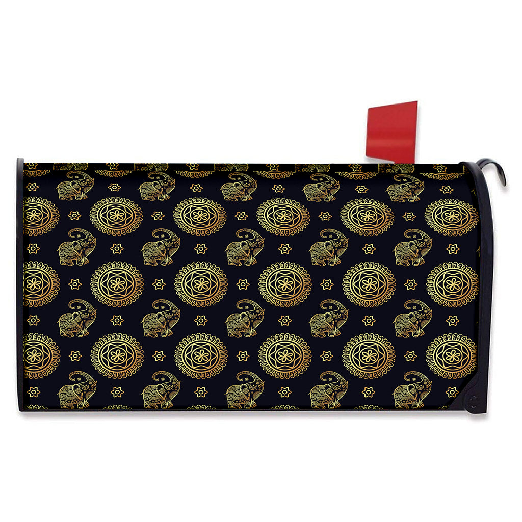 Blue And Gold Tribal Elephant Print Mailbox Cover