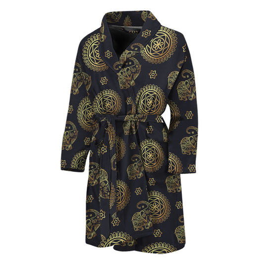 Blue And Gold Tribal Elephant Print Men's Bathrobe
