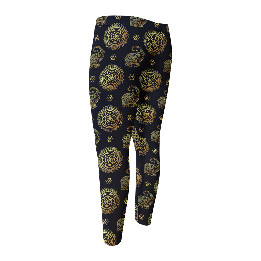 Blue And Gold Tribal Elephant Print Men's Compression Pants