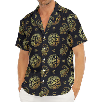 Blue And Gold Tribal Elephant Print Men's Deep V-Neck Shirt