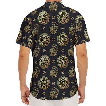 Blue And Gold Tribal Elephant Print Men's Deep V-Neck Shirt