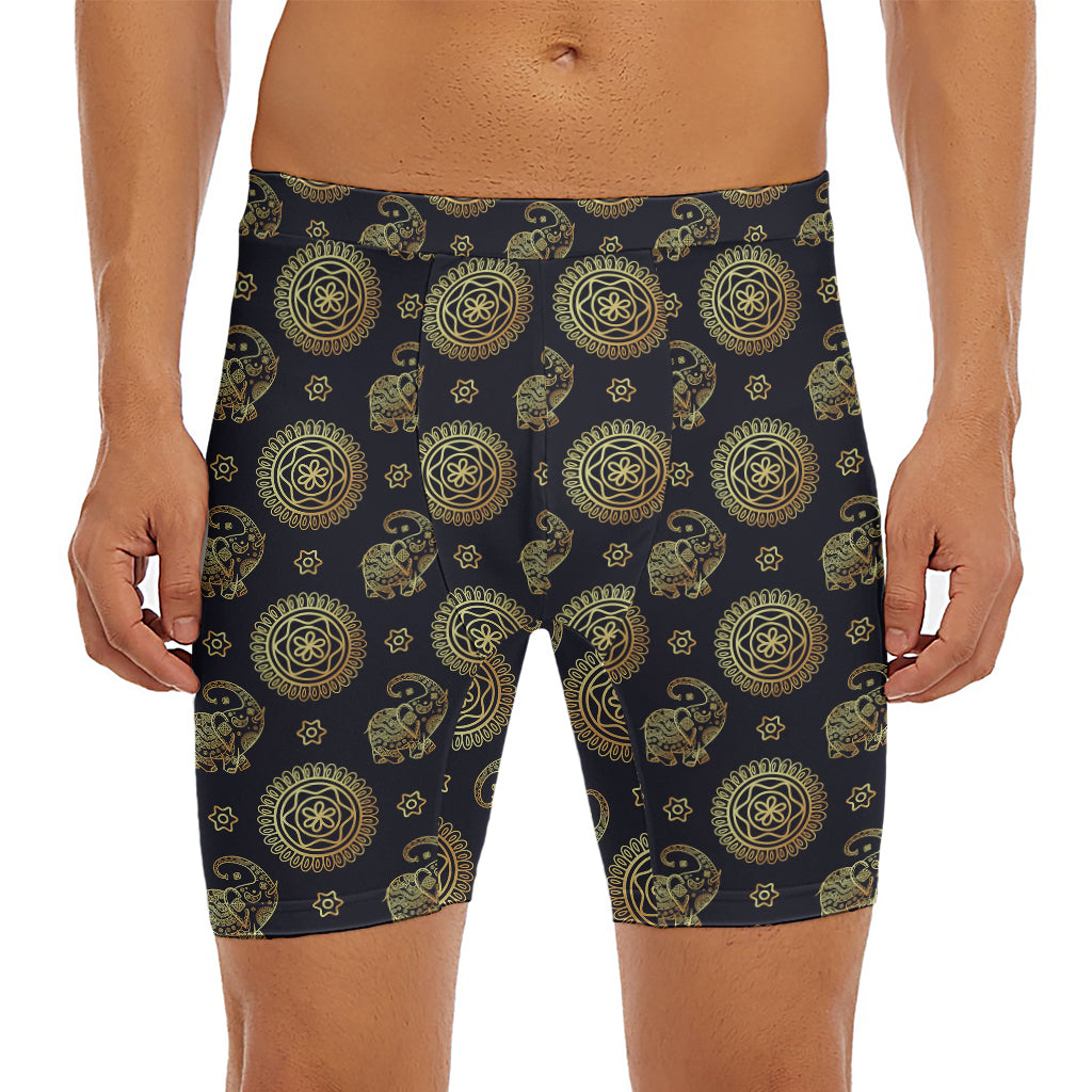 Blue And Gold Tribal Elephant Print Men's Long Boxer Briefs