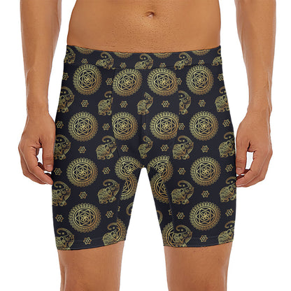 Blue And Gold Tribal Elephant Print Men's Long Boxer Briefs