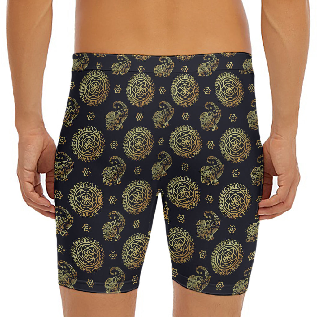Blue And Gold Tribal Elephant Print Men's Long Boxer Briefs