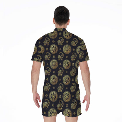 Blue And Gold Tribal Elephant Print Men's Rompers