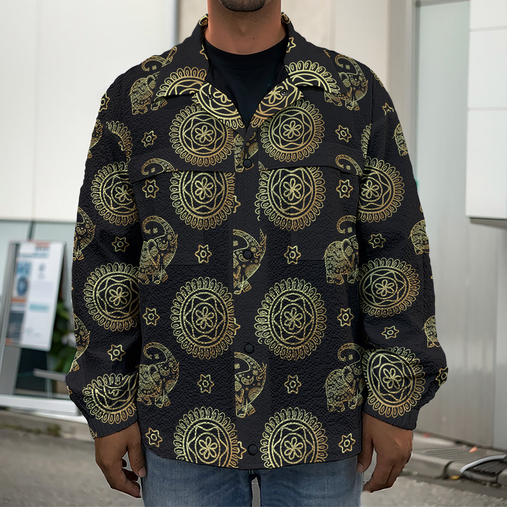Blue And Gold Tribal Elephant Print Men's Shirt Jacket