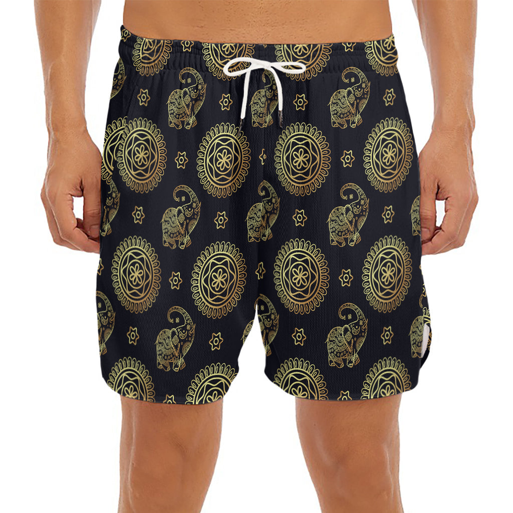 Blue And Gold Tribal Elephant Print Men's Split Running Shorts