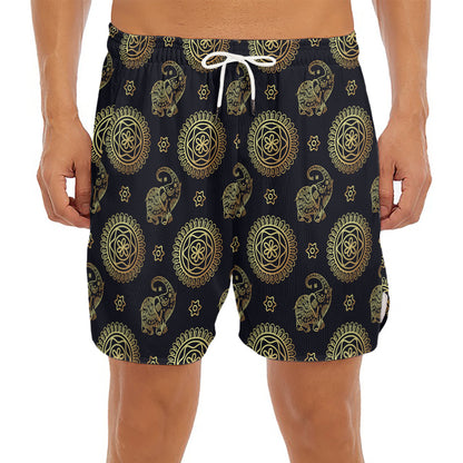 Blue And Gold Tribal Elephant Print Men's Split Running Shorts