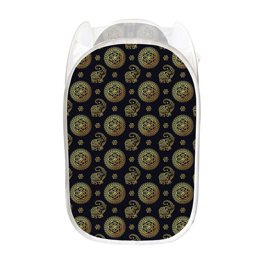 Blue And Gold Tribal Elephant Print Mesh Laundry Hamper