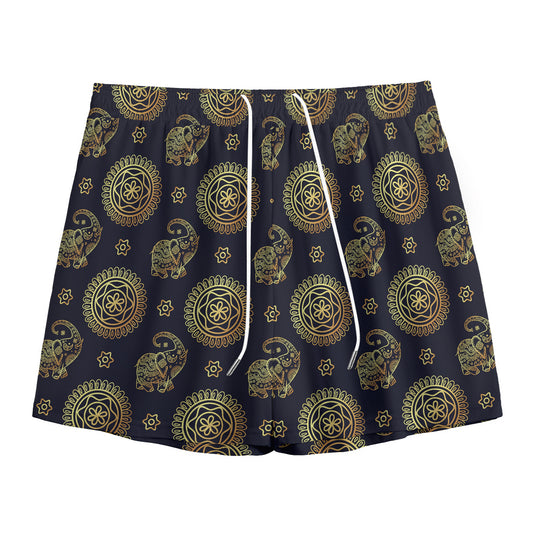Blue And Gold Tribal Elephant Print Mesh Shorts