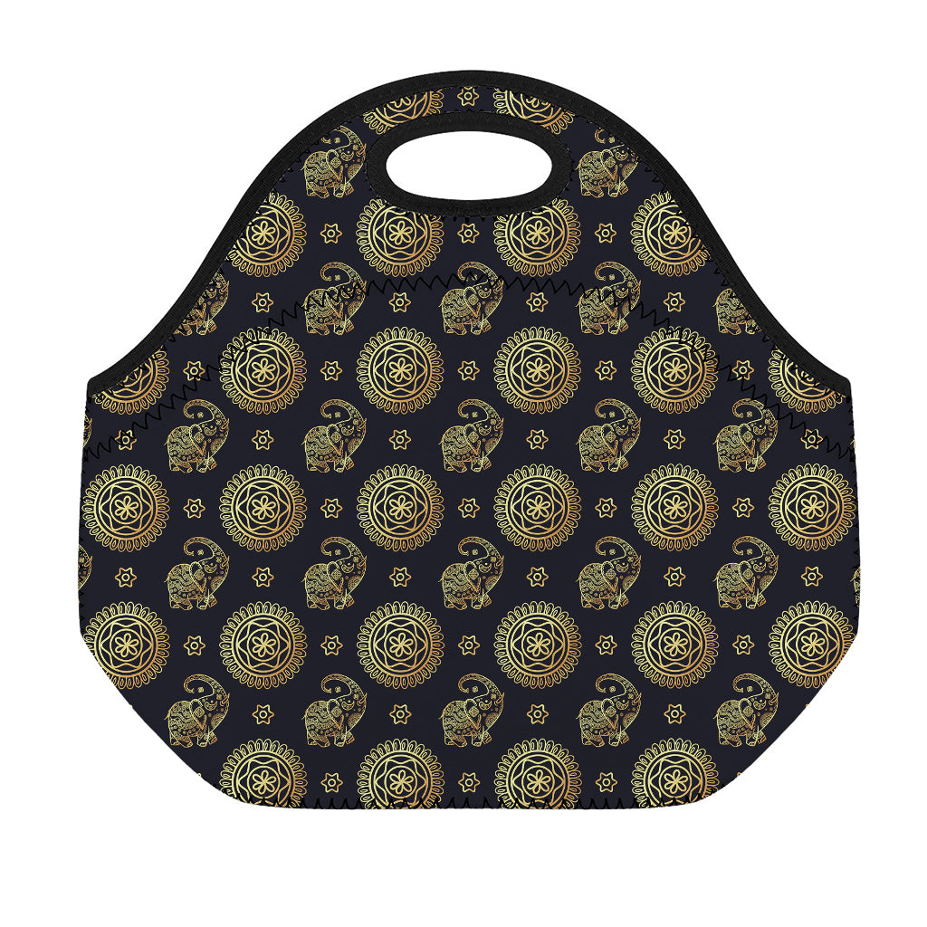 Blue And Gold Tribal Elephant Print Neoprene Lunch Bag