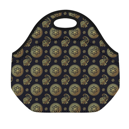 Blue And Gold Tribal Elephant Print Neoprene Lunch Bag