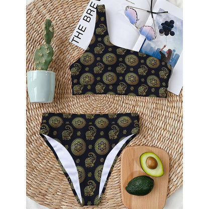 Blue And Gold Tribal Elephant Print One Shoulder Bikini Top