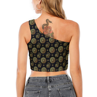 Blue And Gold Tribal Elephant Print One Shoulder Crop Top