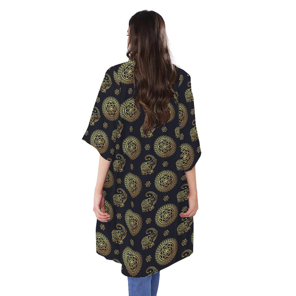 Blue And Gold Tribal Elephant Print Open Front Beach Cover Up