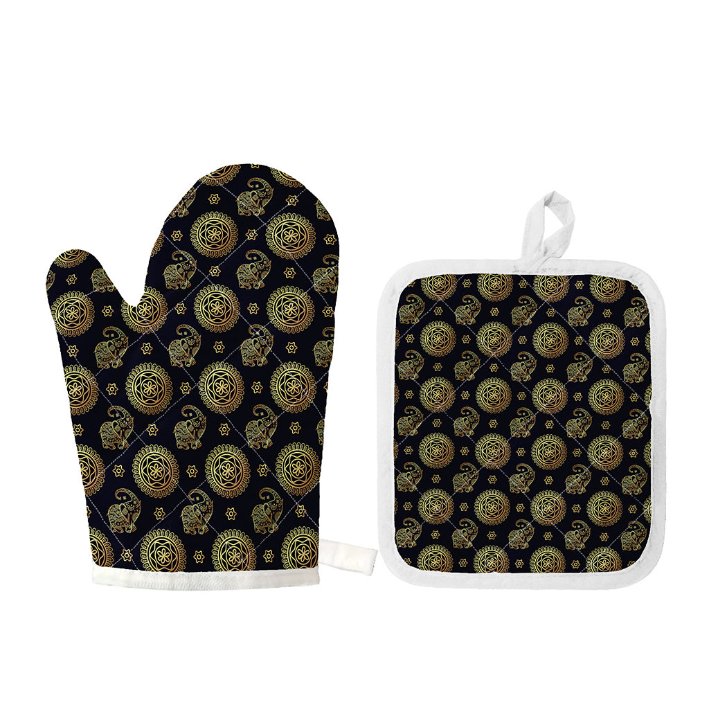 Blue And Gold Tribal Elephant Print Oven Mitt And Pot Holder Set