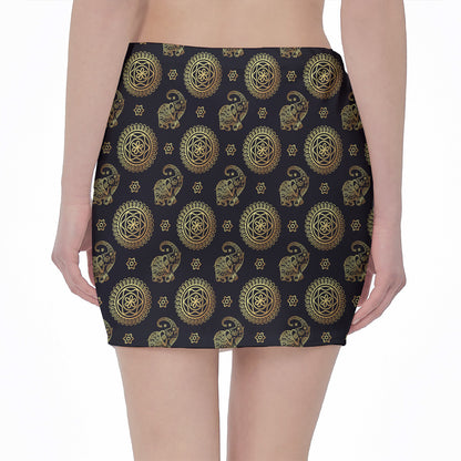 Blue And Gold Tribal Elephant Print Pencil Mini Skirt