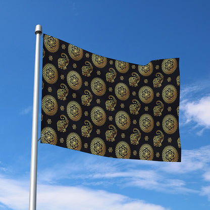 Blue And Gold Tribal Elephant Print Polyester Flag
