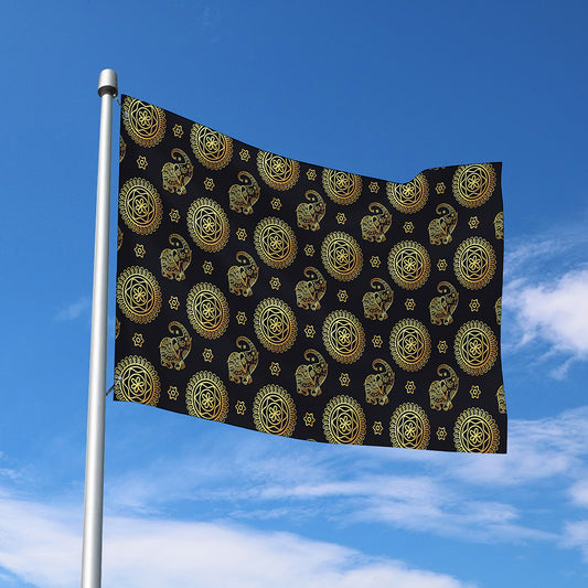 Blue And Gold Tribal Elephant Print Polyester Flag