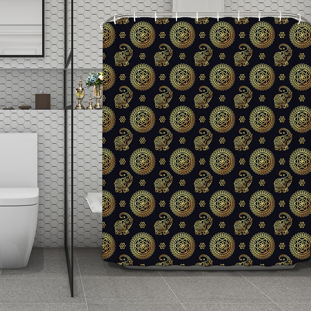 Blue And Gold Tribal Elephant Print Polyester Shower Curtain