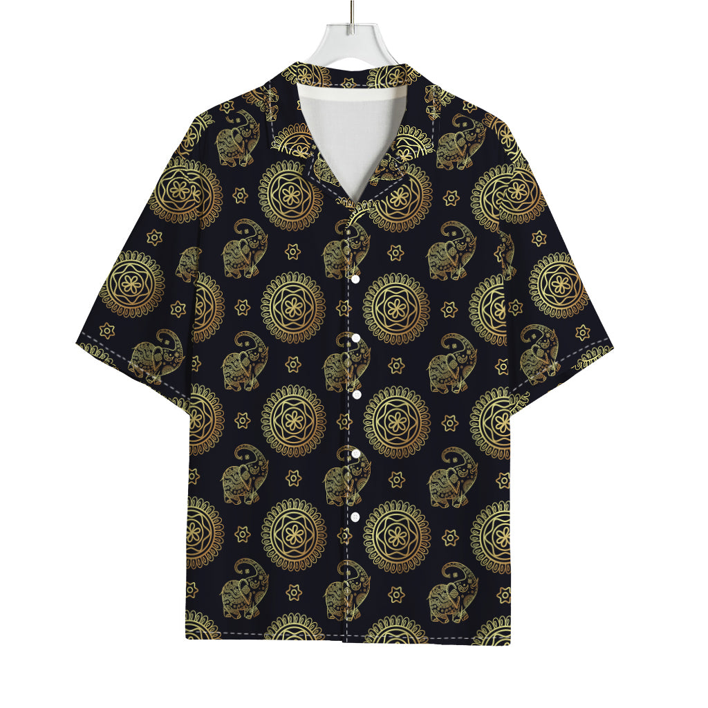 Blue And Gold Tribal Elephant Print Rayon Hawaiian Shirt