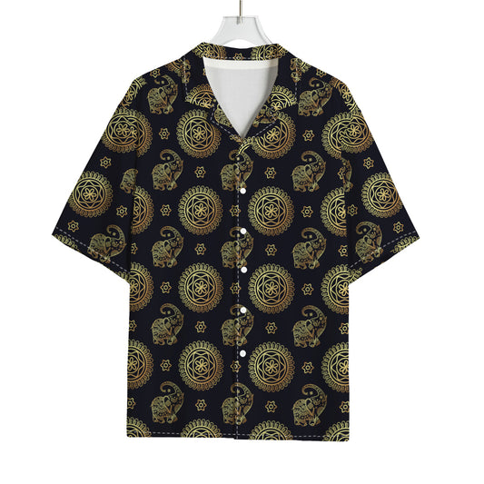 Blue And Gold Tribal Elephant Print Rayon Hawaiian Shirt