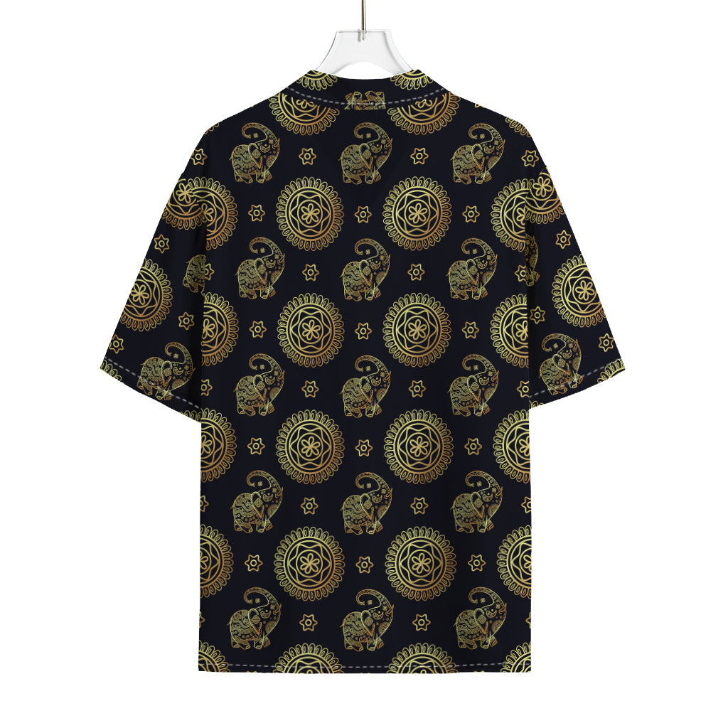 Blue And Gold Tribal Elephant Print Rayon Hawaiian Shirt