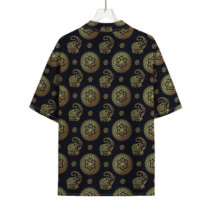 Blue And Gold Tribal Elephant Print Rayon Hawaiian Shirt