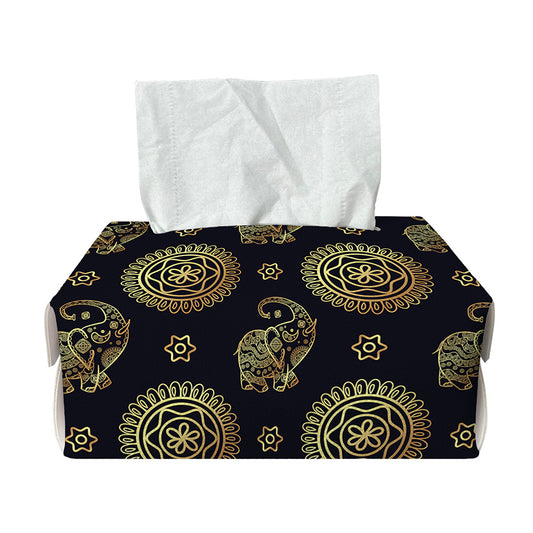 Blue And Gold Tribal Elephant Print Rectangle Tissue Box Cover