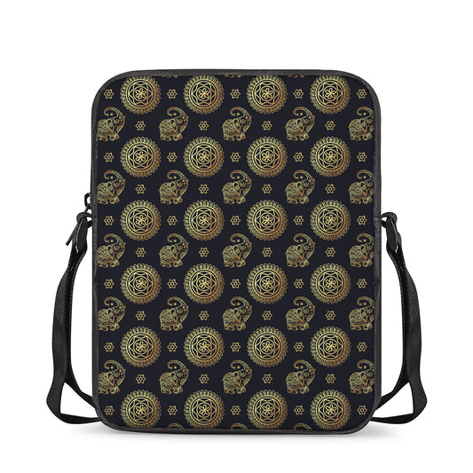Blue And Gold Tribal Elephant Print Rectangular Crossbody Bag