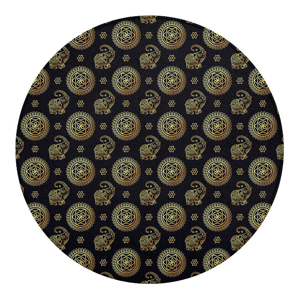 Blue And Gold Tribal Elephant Print Round Blanket