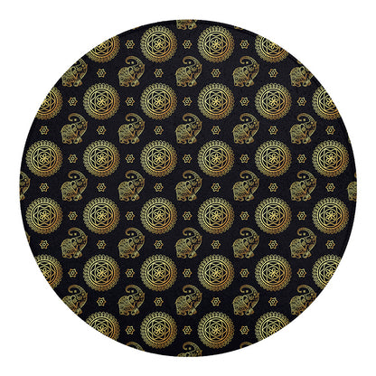 Blue And Gold Tribal Elephant Print Round Blanket