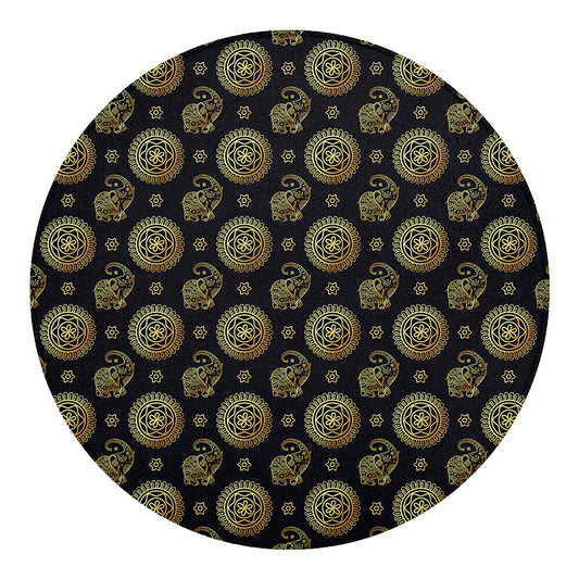 Blue And Gold Tribal Elephant Print Round Blanket