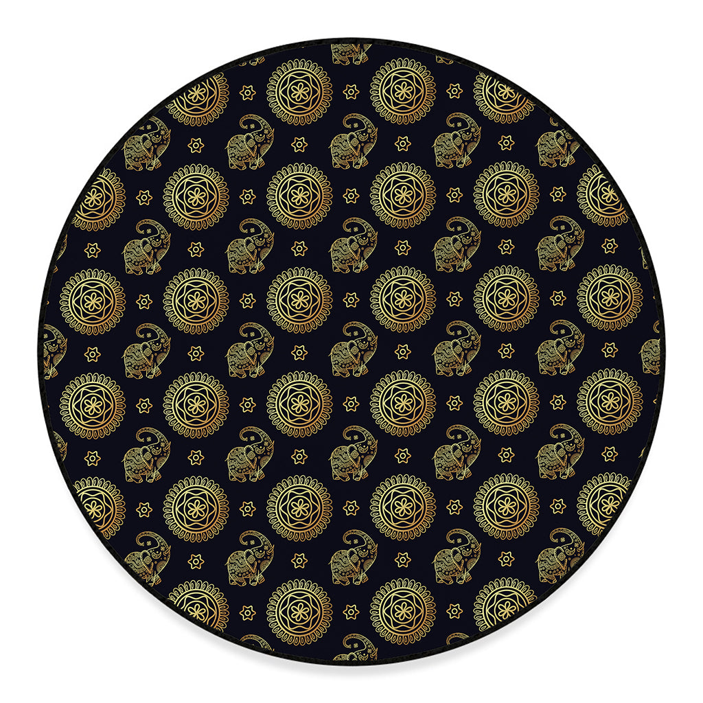 Blue And Gold Tribal Elephant Print Round Floor Mat
