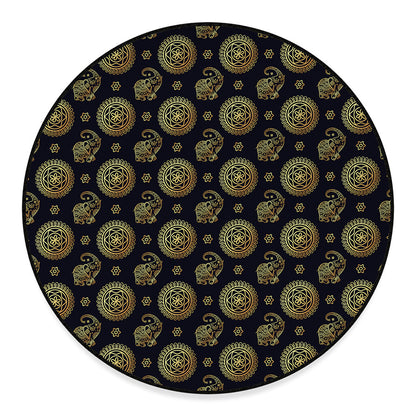 Blue And Gold Tribal Elephant Print Round Floor Mat