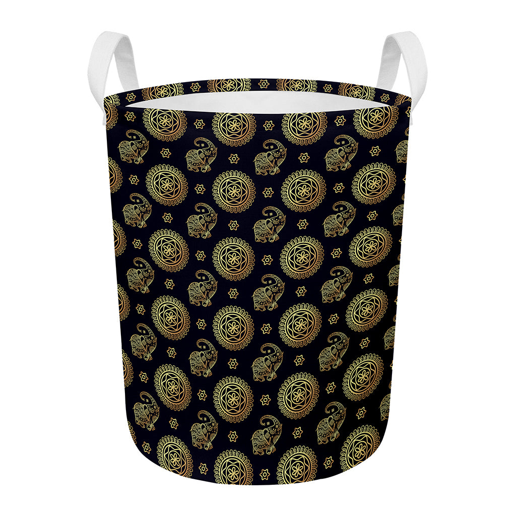 Blue And Gold Tribal Elephant Print Round Laundry Basket