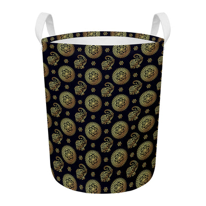 Blue And Gold Tribal Elephant Print Round Laundry Basket
