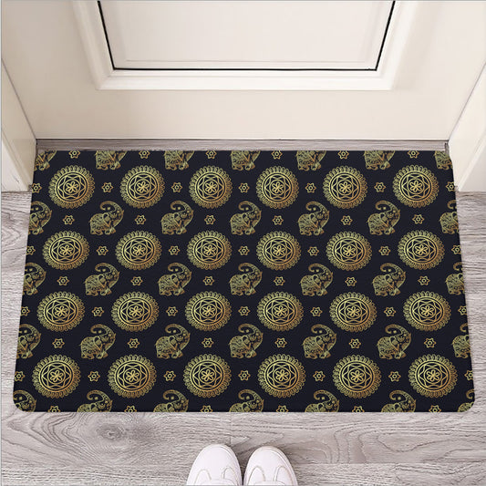 Blue And Gold Tribal Elephant Print Rubber Doormat