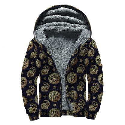 Blue And Gold Tribal Elephant Print Sherpa Lined Zip Up Hoodie