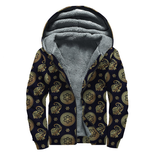 Blue And Gold Tribal Elephant Print Sherpa Lined Zip Up Hoodie