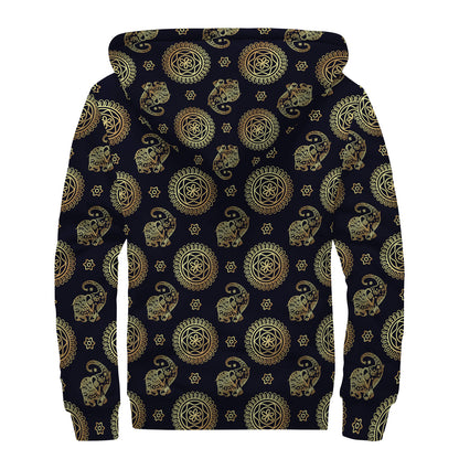 Blue And Gold Tribal Elephant Print Sherpa Lined Zip Up Hoodie