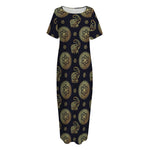 Blue And Gold Tribal Elephant Print Short Sleeve Long Nightdress